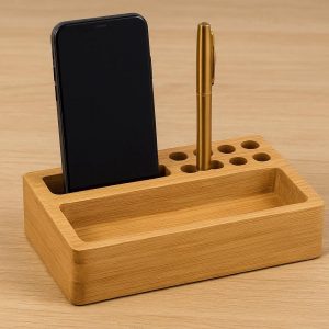 2 Bamboo Wood Desk Organizer with Phone and Pen Slots
