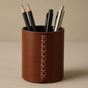 5 Leather Wrap Around Pen Cup with Stitched Detail